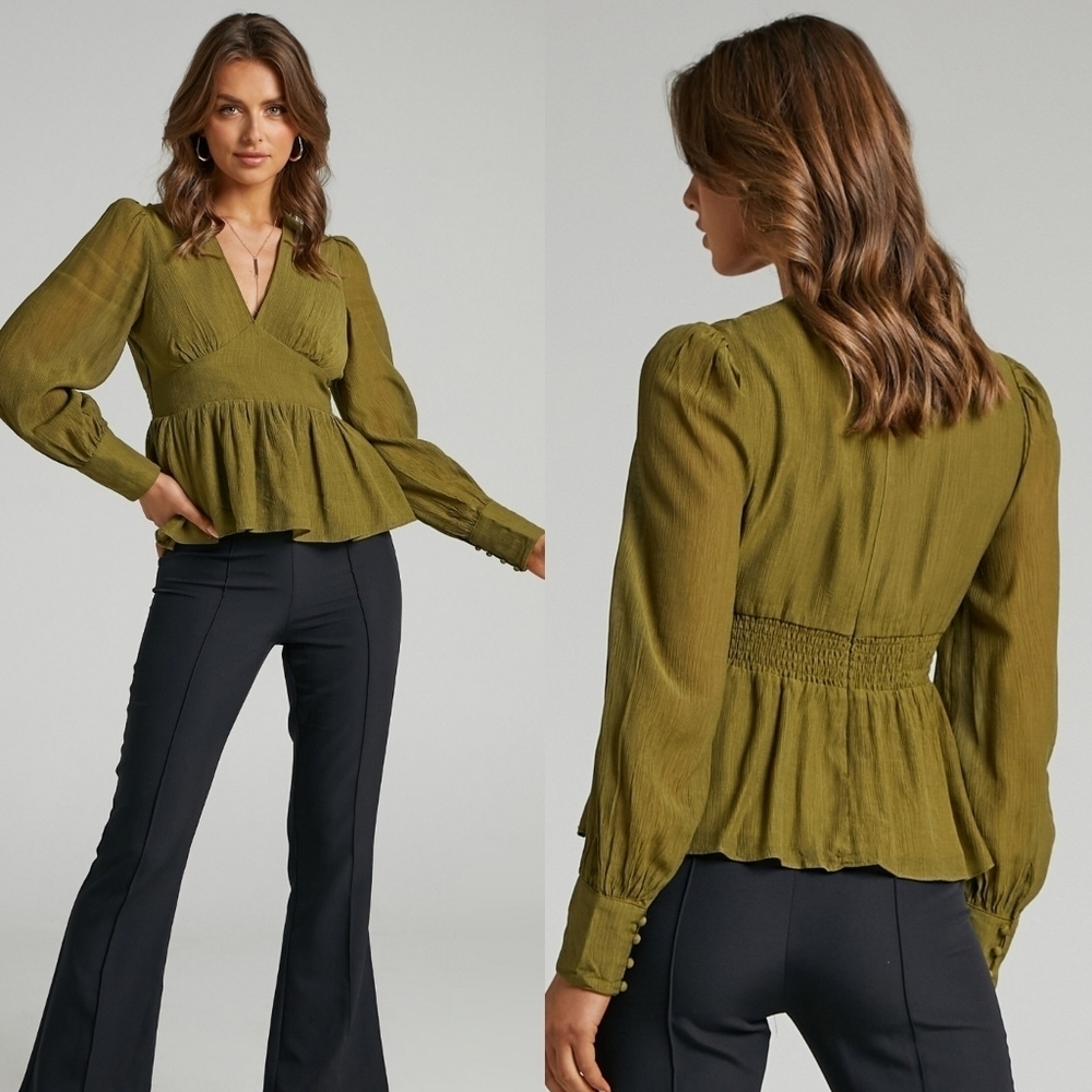 ShowPo Shyla Olive Green Crinkle Fabric Balloon Sleeve V-neck Peplum Top 8